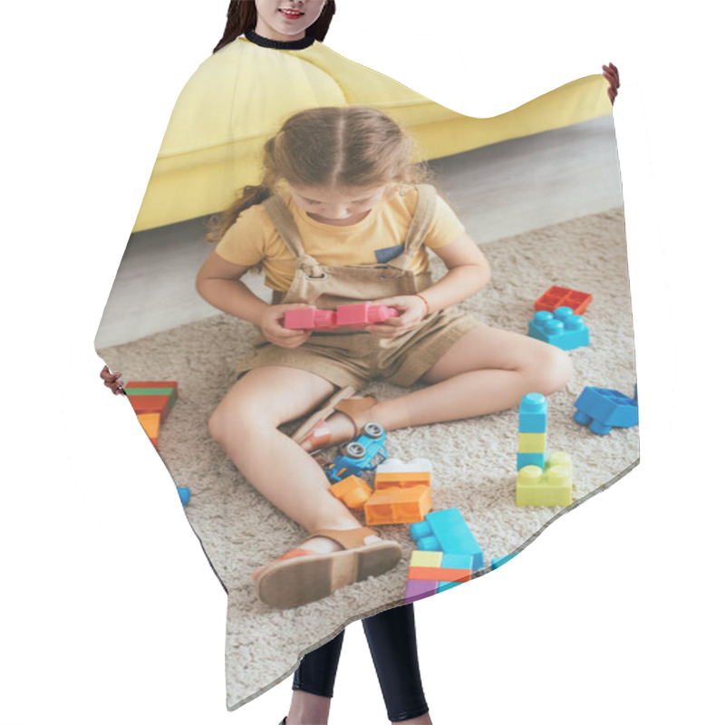 Personality  High Angle View Of Kid Sitting On Floor And Playing With Multicolored Building Blocks Hair Cutting Cape