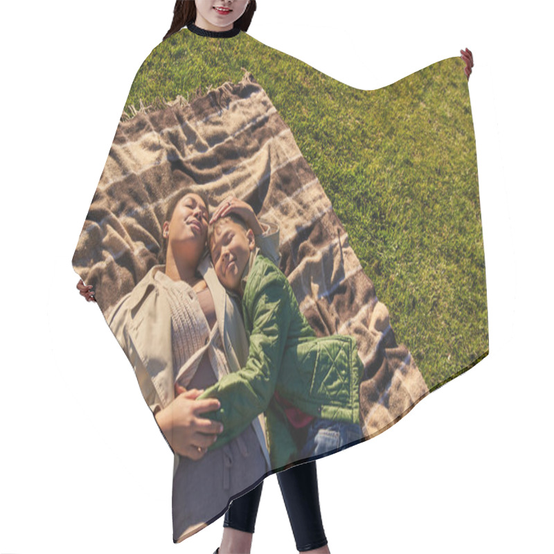 Personality  Top View, Happiness, Motherly Love, African American Woman And Son Lying On Blanket, Autumn, Grass Hair Cutting Cape