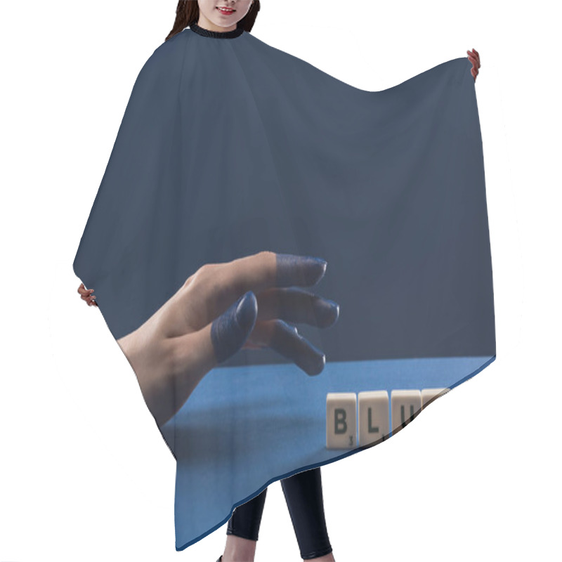 Personality  Cropped View Of Female Hand With Painted Fingers Near Cubes With Blue Lettering Isolated On Blue Hair Cutting Cape