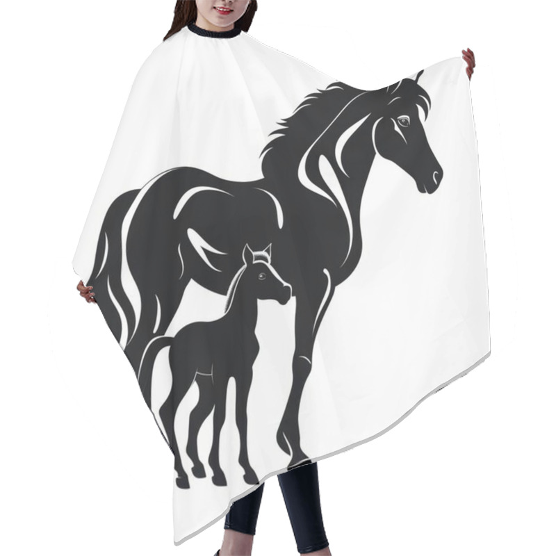 Personality  A Striking Silhouette Of A Horse And A Foal, Symbolizing Strength And Nurturing Bond. Hair Cutting Cape