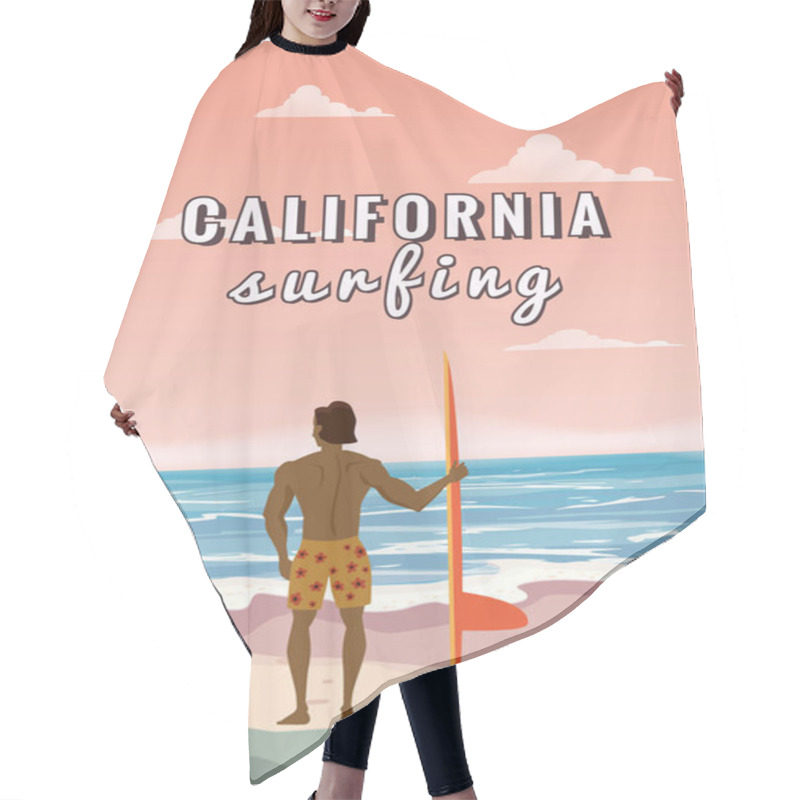 Personality  Surfer Standing With Surfboard On The Tropical Beach Back View. California Surfing Palms Ocean Theme. Vector Illustration Isolated Template Poster Banner Hair Cutting Cape