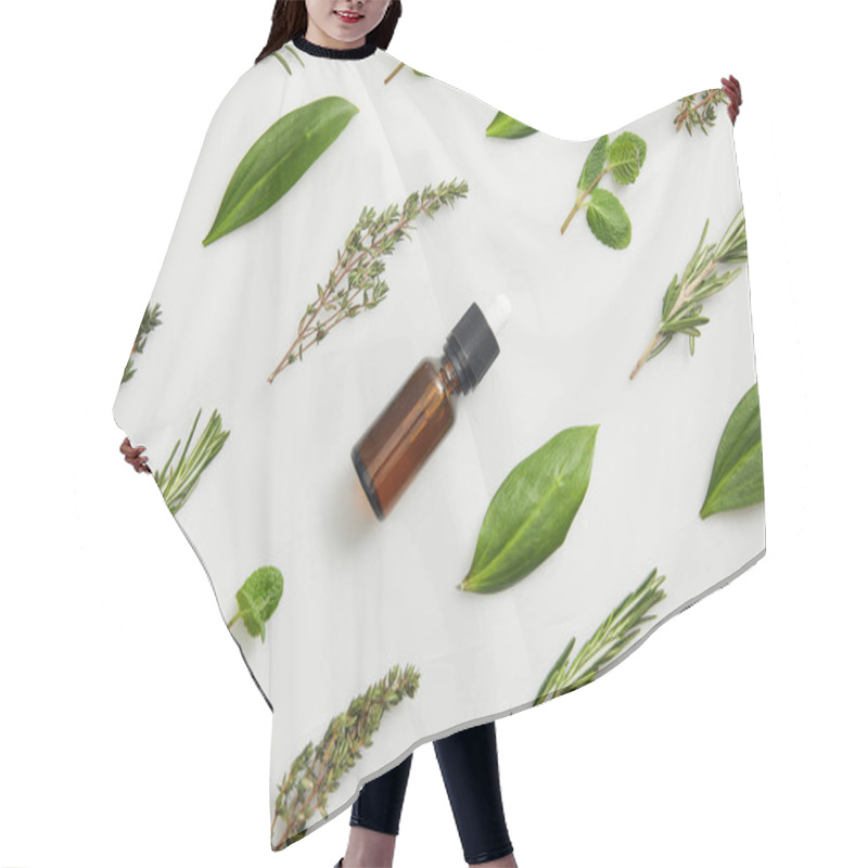 Personality  Flat Lay With Bottle Of Essential Oil And Fresh Herbs On Grey Background Hair Cutting Cape