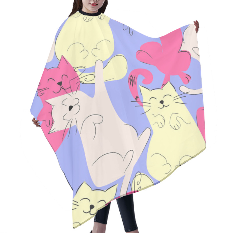 Personality  Stylish Vector Pattern With Funny Sleeping Cats In Pink, Yellow And Beige Color On A Blue Lavender Background.Modern Trendy Ornament For Fabric,invitations, Wrapping Paper, Cards And Other Materials. Hair Cutting Cape