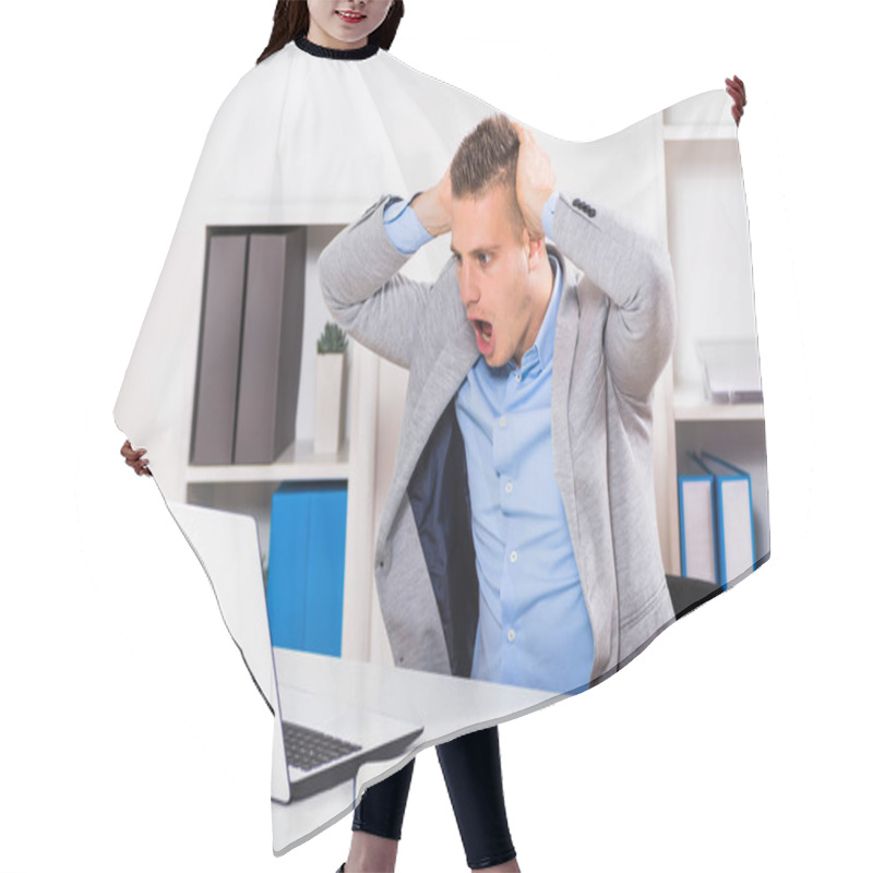 Personality  Businessman  Looking At Laptop In Panic Hair Cutting Cape