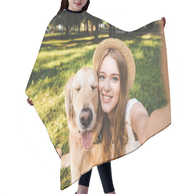 Personality  Young Girl In White Dress And Straw Hat Hugging Golden Retriever And Taking Selfie While Sitting On Meadow, Smiling And Looking At Camera Hair Cutting Cape