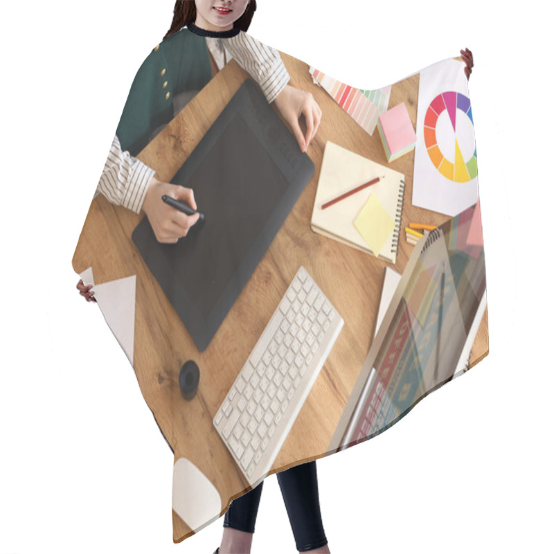 Personality  Female Graphic Designer Working With Tablet On Table In Office, Top View Hair Cutting Cape