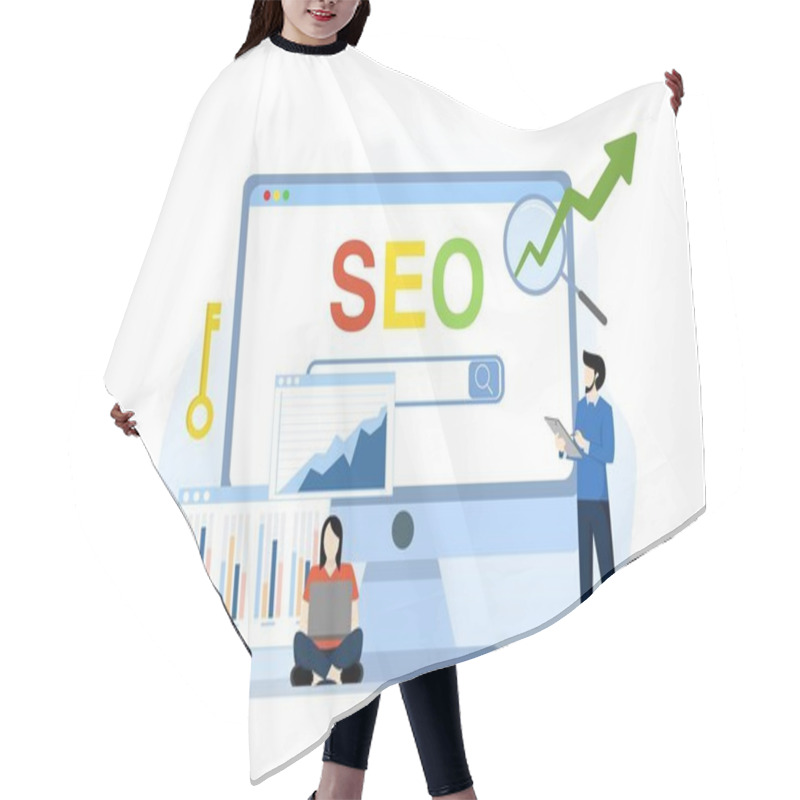 Personality  SEO Or Search Engine Optimization Concept, Website Search Results, Advertising Or Marketing To Improve Web Ranking Or User Discovery Concept, Team Analysis To Optimize SEO. Flat Vector Illustration. Hair Cutting Cape