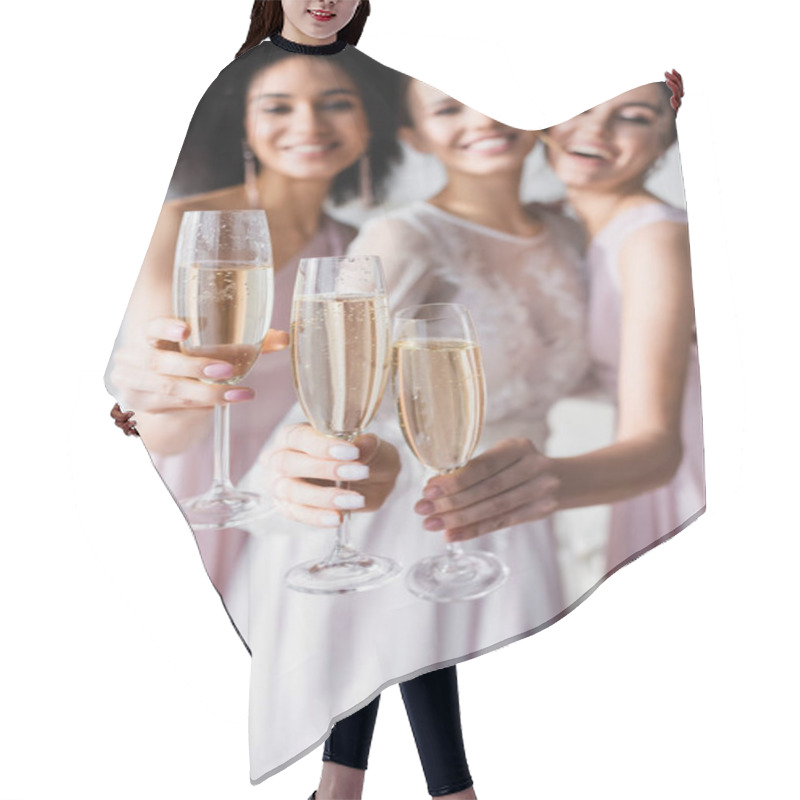 Personality  Happy Bride With Interracial Bridesmaids Holding Champagne Glasses On Blurred Background Hair Cutting Cape