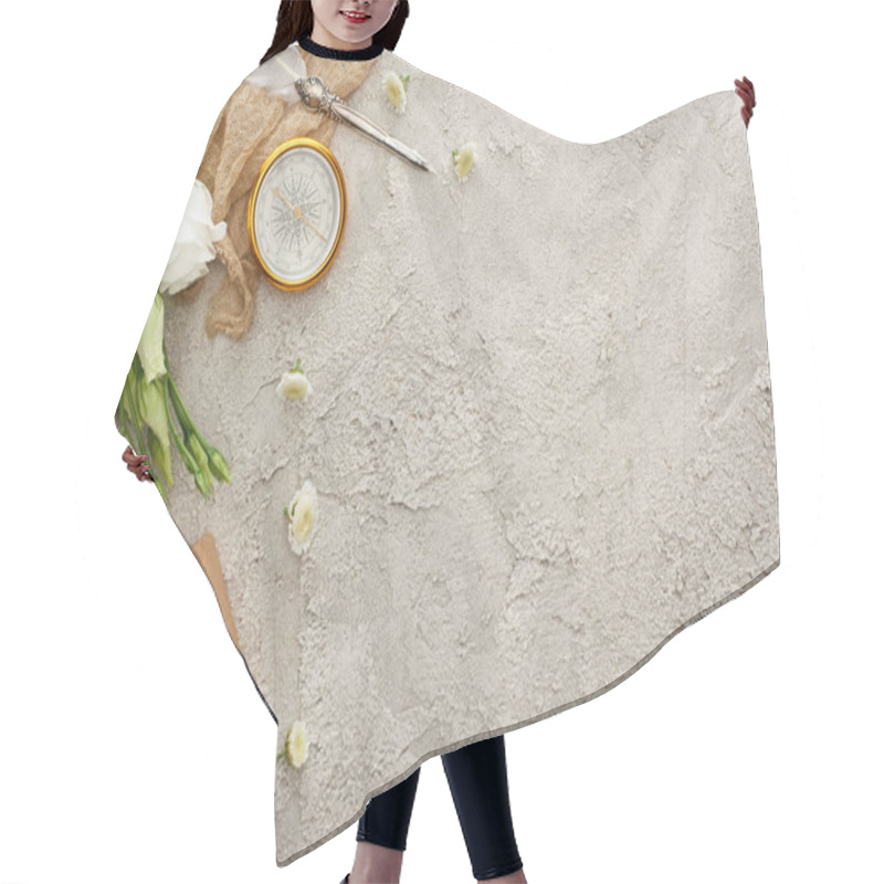 Personality  Top View Of Quill Pen On Beige Sackcloth Near Golden Compass, Scattered Flowers, Golden Rings On Gift Box And White Eustoma Flowers On Grey Textured Surface Hair Cutting Cape