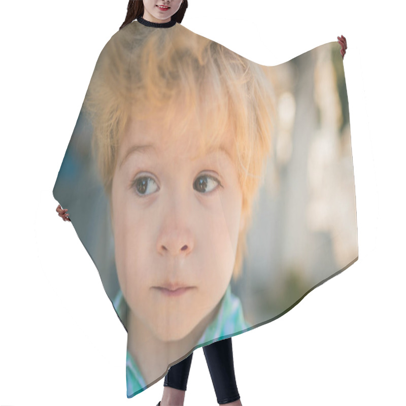 Personality  Boy Look At Something. Young Model Pose For Foto. Curious Glance From Child At Something. Children's Look. Interesting Look To The Right Or Left, Little Boy With Cute Funny Face. Children's Portrait Hair Cutting Cape