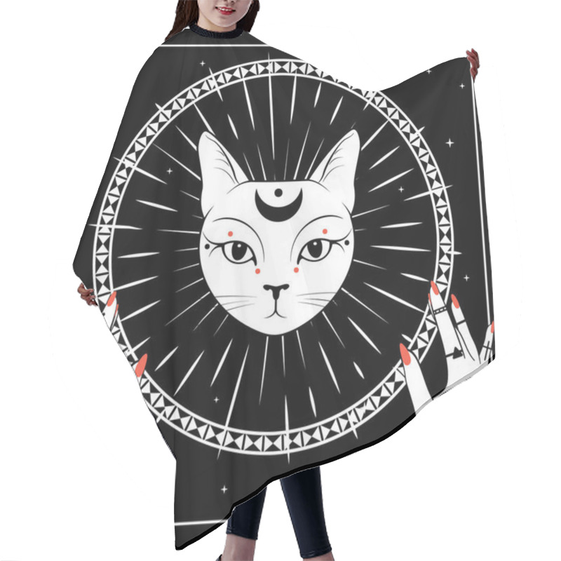 Personality  White Cat Face With Moon On Night Sky With Ornamental Round Frame. Hands With Rings. Hair Cutting Cape