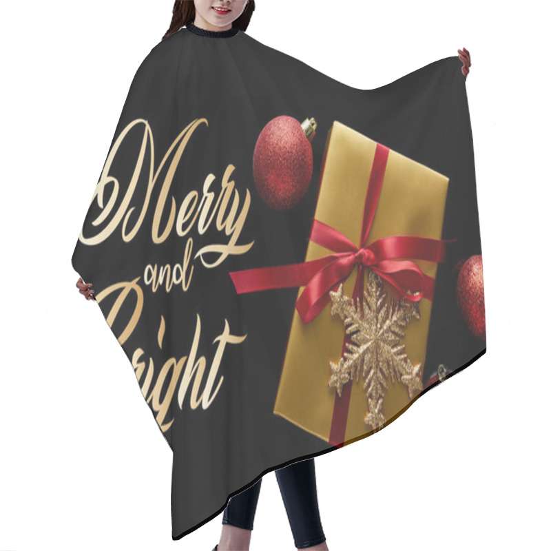 Personality  Top View Of Shiny Golden Christmas Gift With Red Ribbon And Snowflake Near Baubles Isolated On Black With Merry And Bright Illustration Hair Cutting Cape