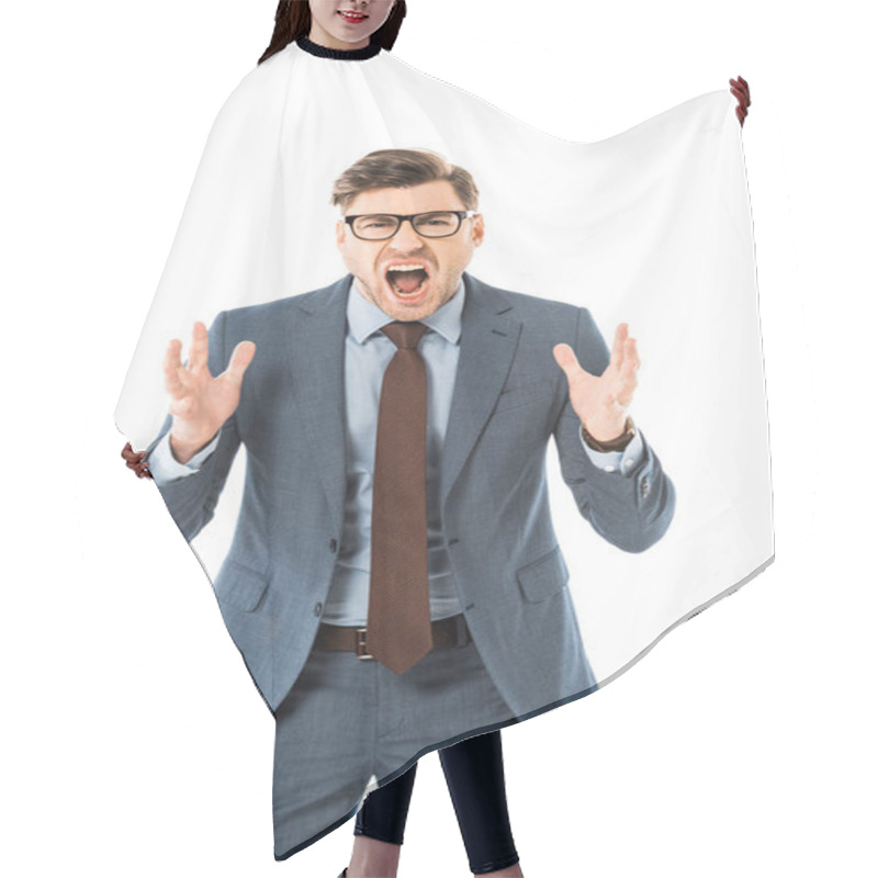 Personality  Aggressive Boss In Glasses And Suit Screaming Isolated On White Hair Cutting Cape