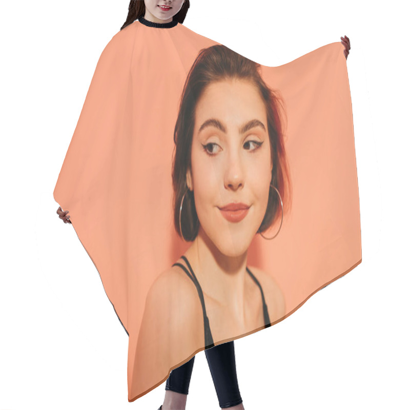 Personality  Shy Young Woman With Cat Eyes Makeup On Orange Background Hair Cutting Cape