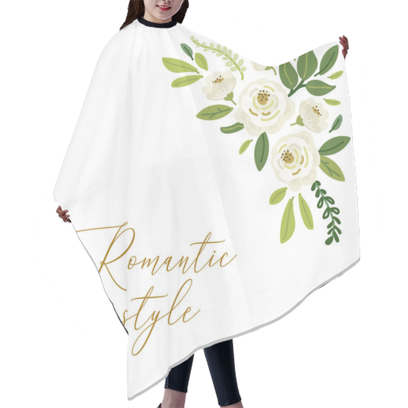 Personality  Cute Botanical Theme Floral Background With Bouquets Of Hand Drawn Rustic White Roses Flowers And Green Leaves Branches Hair Cutting Cape