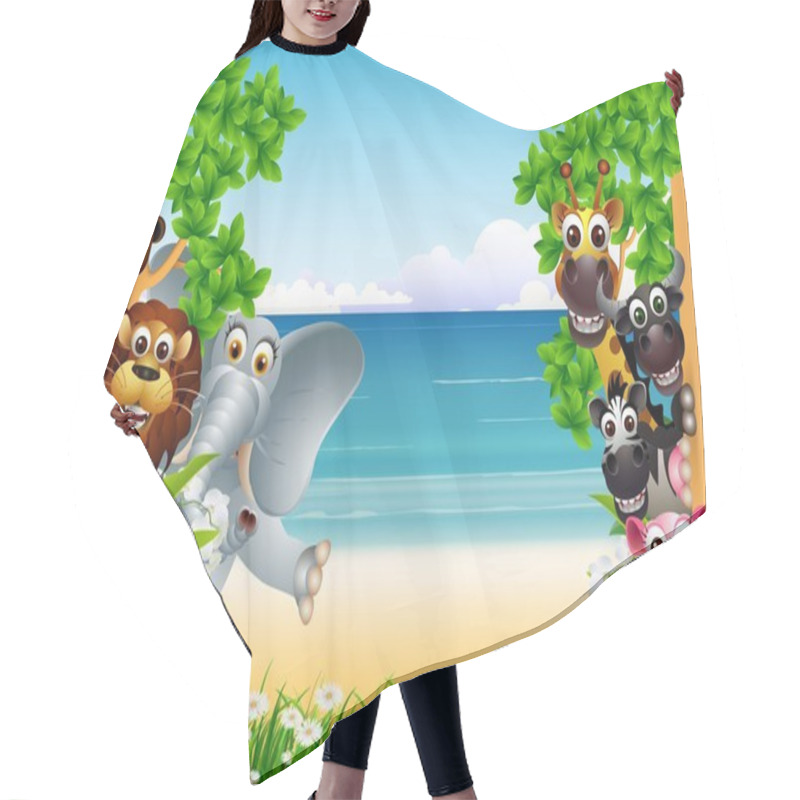 Personality  Funny Animals Cartoon With Tropical Beach Background Hair Cutting Cape