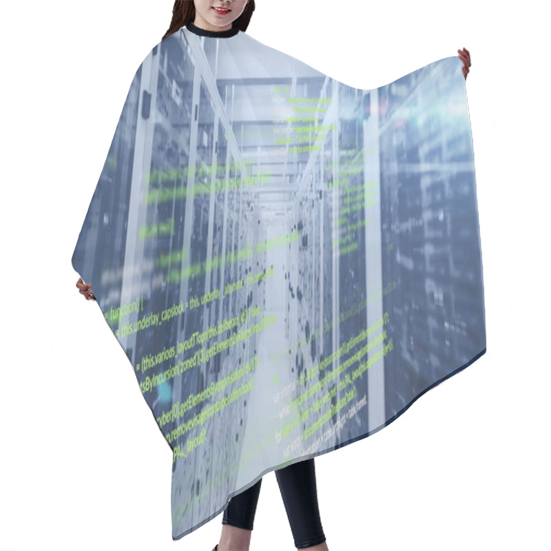 Personality  Computer Code Image Over Servers In Data Center. Technology, Network, Cybersecurity, Programming, Coding, IT Hair Cutting Cape