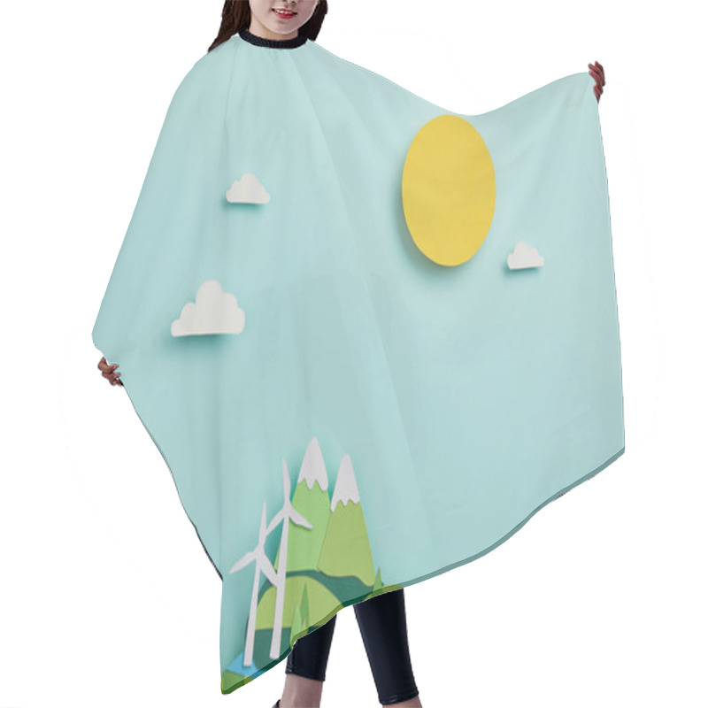 Personality  Top View Of Paper Cut Planet With Renewable Energy Sources On Turquoise Background, Earth Day Concept Hair Cutting Cape