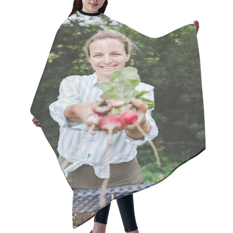 Personality  Young Woman Harvesting Radish From Raised Bed In Garden Hair Cutting Cape