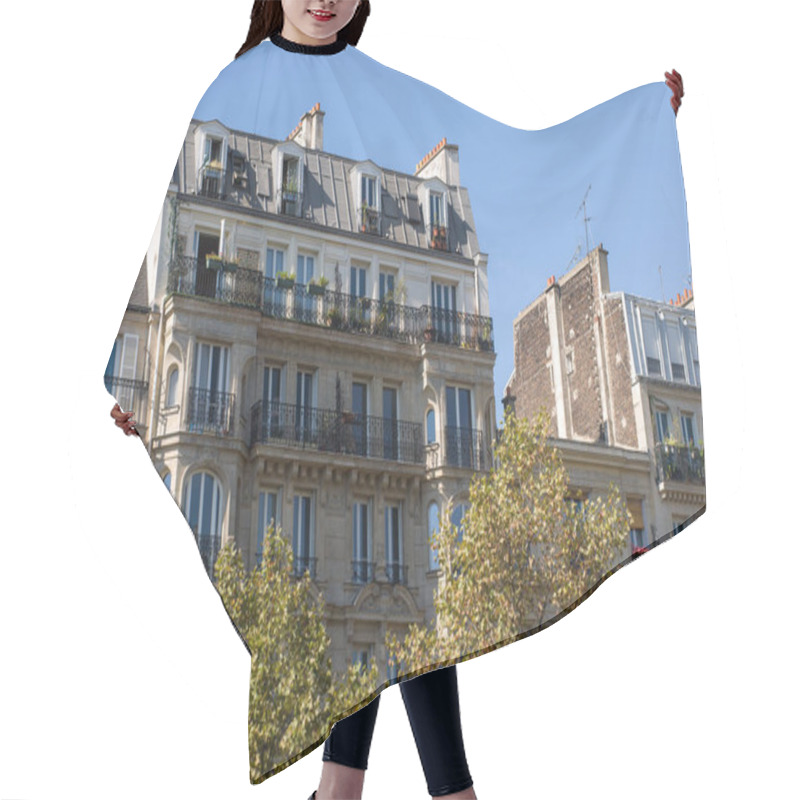 Personality  Typical Design Of Parisian Architecture. The Facade Of French Building In Modern Style With Windows And French Balconies In Paris, France. Hair Cutting Cape