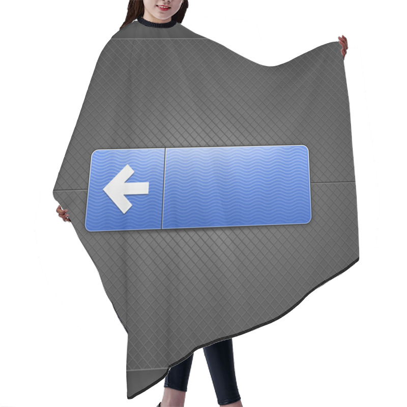 Personality  White Left Arrow Sign On Blue Rounded Rectangle Web Button. Glowing Shape With Shadow On Black Metal Background. Vector Illustration Saved 10 Eps. Hair Cutting Cape