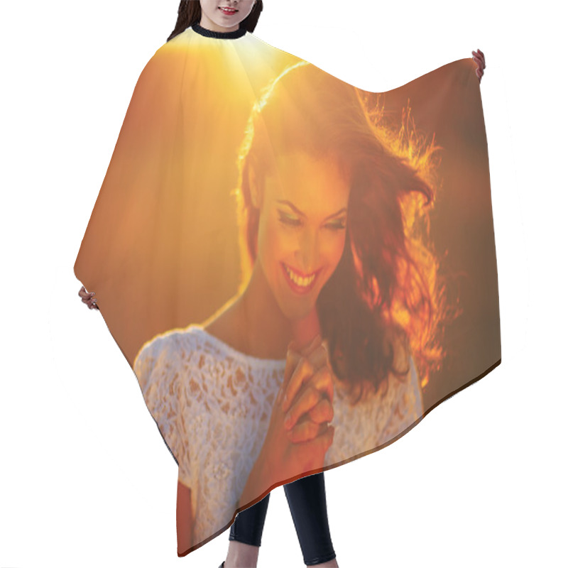 Personality  A Young Girl Prays At Sunset Rays Hair Cutting Cape