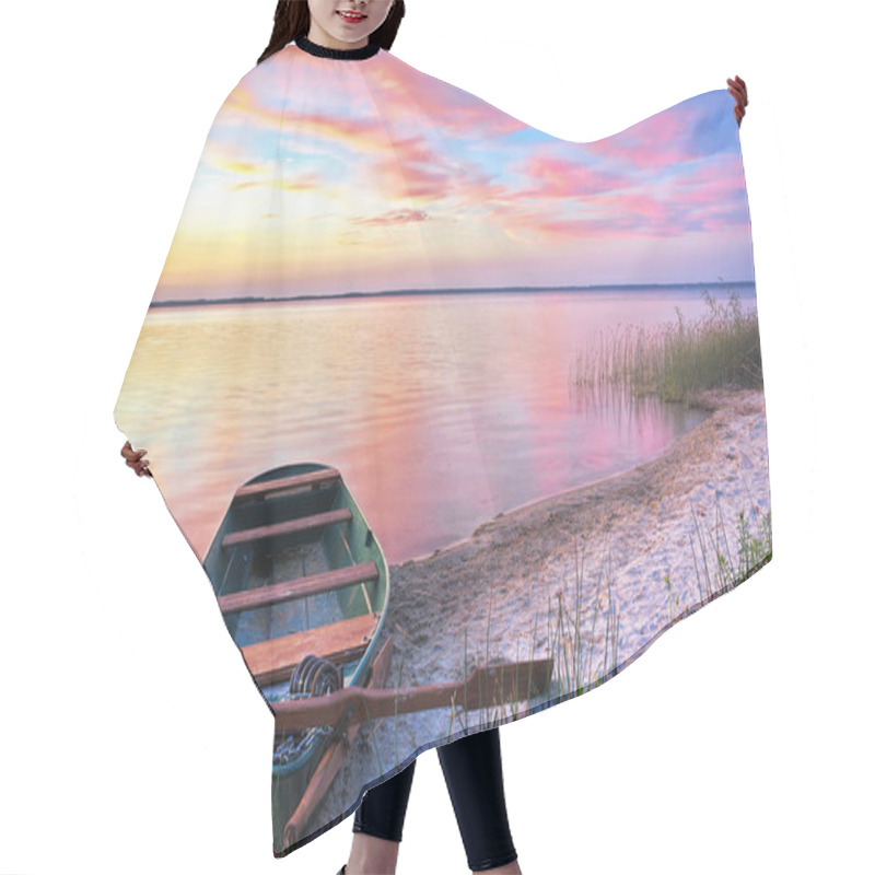 Personality  Beautiful Sunset Over The Lake, Fishing Boat On The Shore, Sky With Clouds Reflected In The Water. Hair Cutting Cape