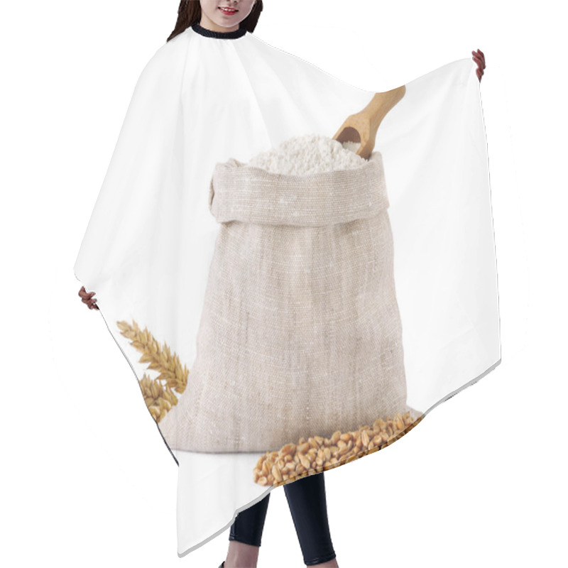 Personality  Bag With Organic Flour, Spikelets And Grains Of Wheat On White Background Hair Cutting Cape