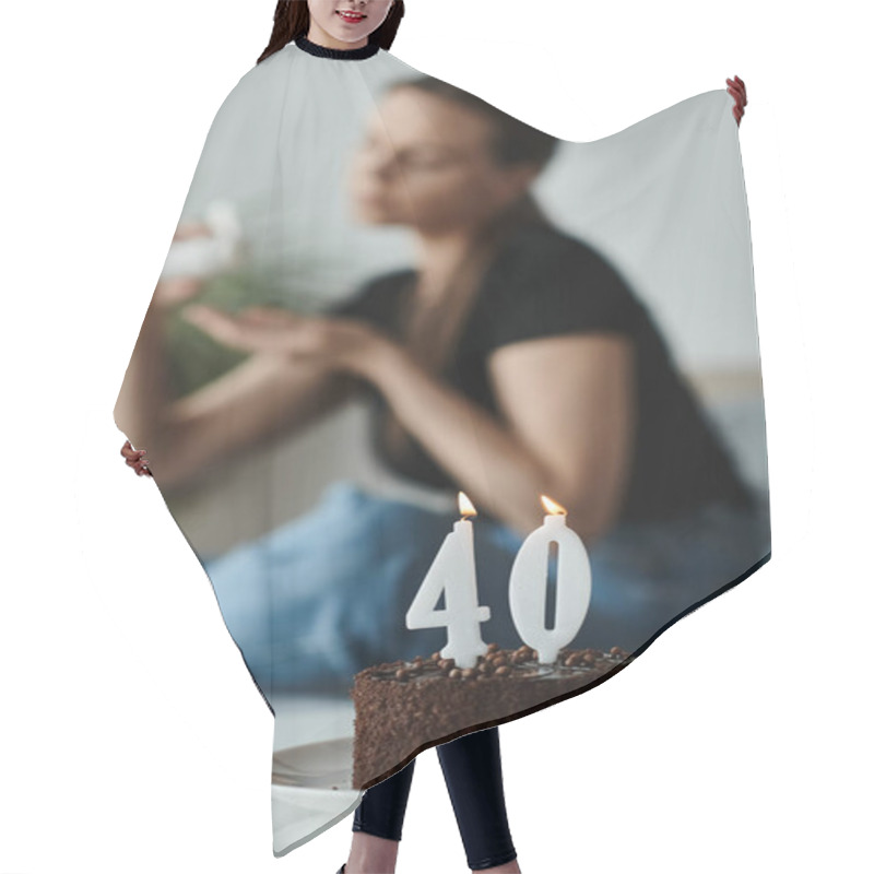 Personality  Woman Sitting Beside A 40th Birthday Cake On A Bed. Hair Cutting Cape