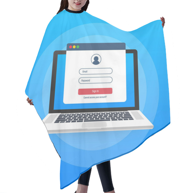 Personality  Login Page On Laptop Screen. Notebook And Online Login Form, Sign In Page. User Profile, Access To Account Concepts. Vector Illustration. Hair Cutting Cape