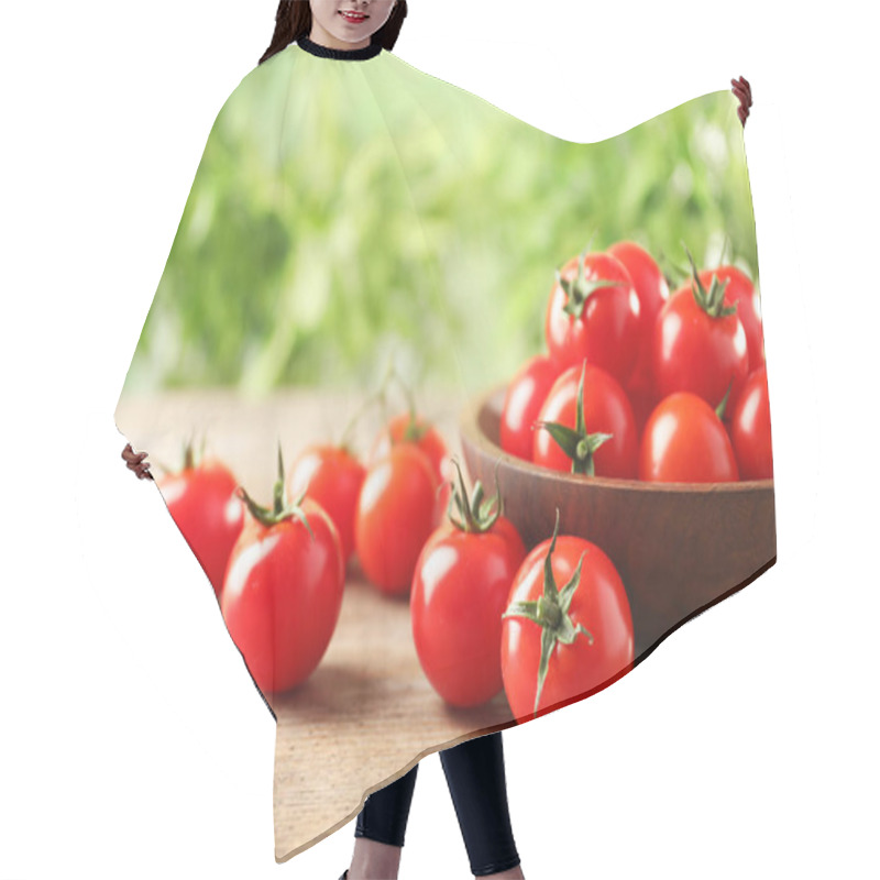 Personality  Bowl Of Fresh Cherry Tomatoes On Wooden Table Hair Cutting Cape