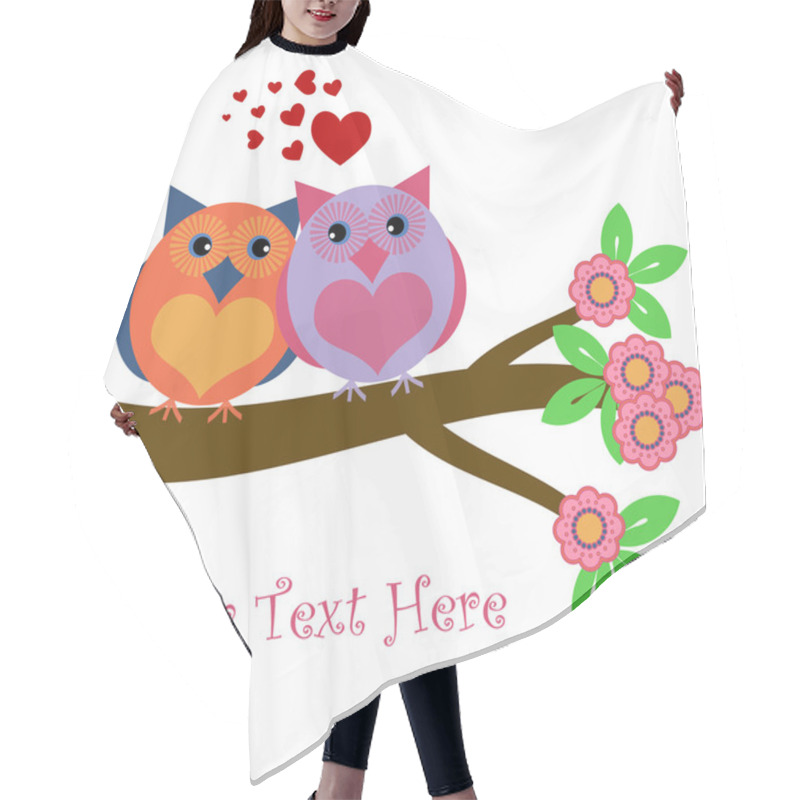 Personality  Owls In Love Sitting On Tree Branch With Hearts And Flowers Illustration Hair Cutting Cape