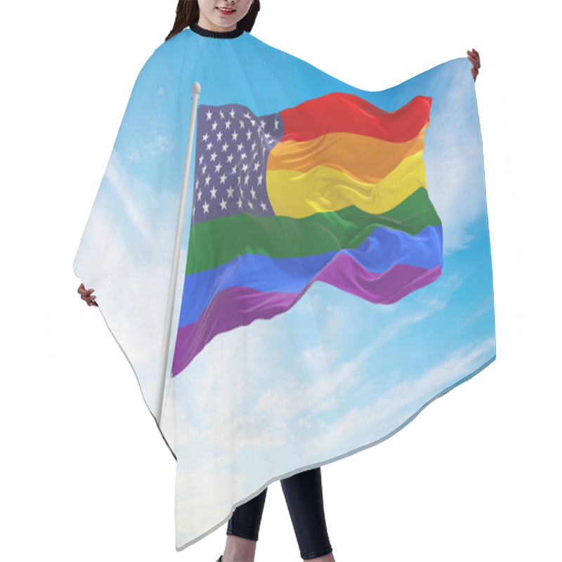 Personality  United States Lgbt Pride Flag Waving In The Wind At Cloudy Sky. Freedom And Love Concept. Pride Month. Activism, Community And Freedom Concept. Copy Space. 3d Illustration. Hair Cutting Cape