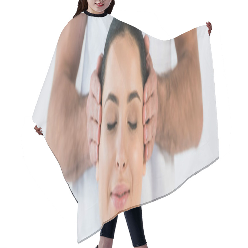 Personality  Panoramic Shot Of Masseur Putting Hands On Temples Of Happy Woman Isolated On White  Hair Cutting Cape