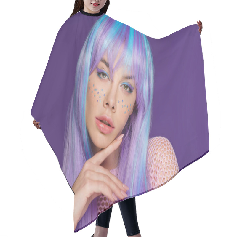 Personality  Beautiful Stylish Girl Posing In Violet Wig With Stars On Face, Isolated On Purple Hair Cutting Cape