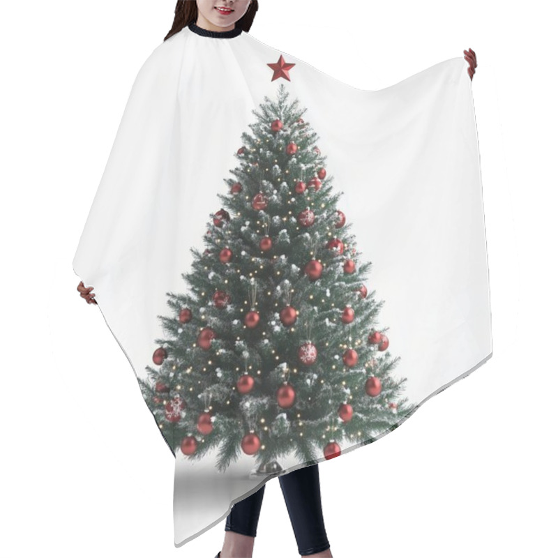 Personality  Beautifully Decorated Christmas Tree With Red Ornaments And Star On Top. Hair Cutting Cape