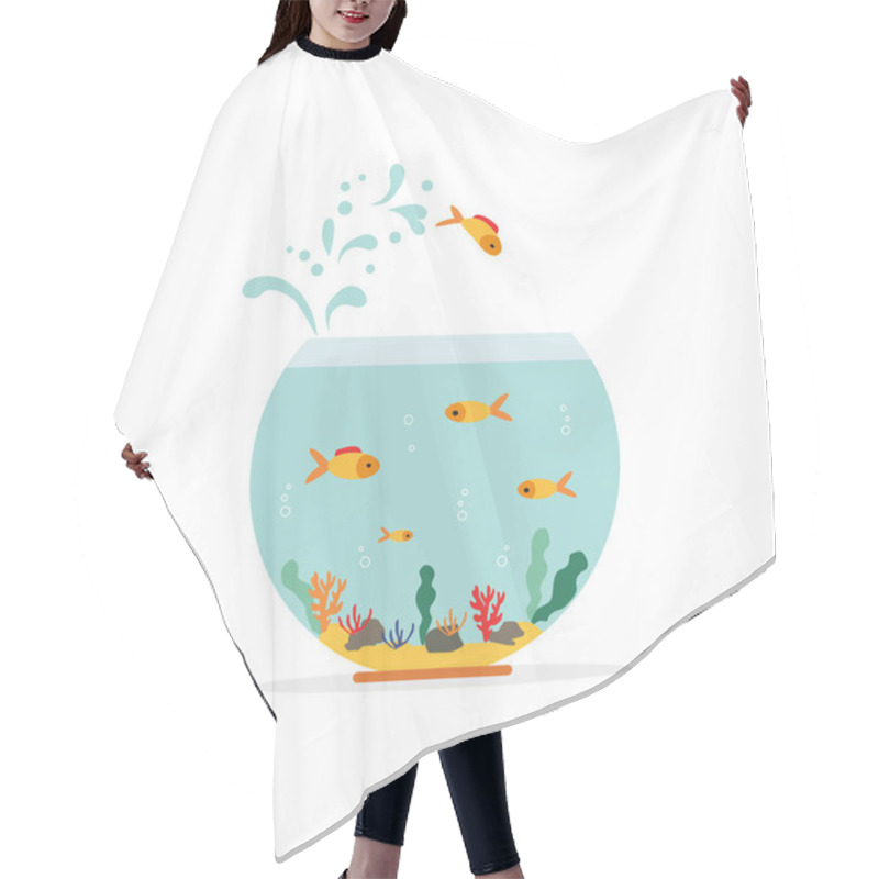 Personality  Goldfish Jumping Out One Fishbowl. Aquarium With Swimming Gold Exotic Fish. Underwater Aquarium Habitat With Sea Plants. Flat Vector Drawn Illustration, Isolated Objects. Hair Cutting Cape