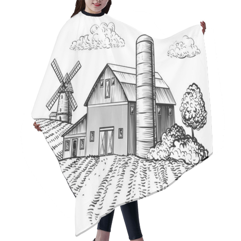 Personality  Rural Landscape, Farm Barn And Windmill Sketch. Hand Draw Illustration Of Countryside Natural Scenic. Agricultural Farmhouse And Field. Vector Monochrome Outline Image Hair Cutting Cape