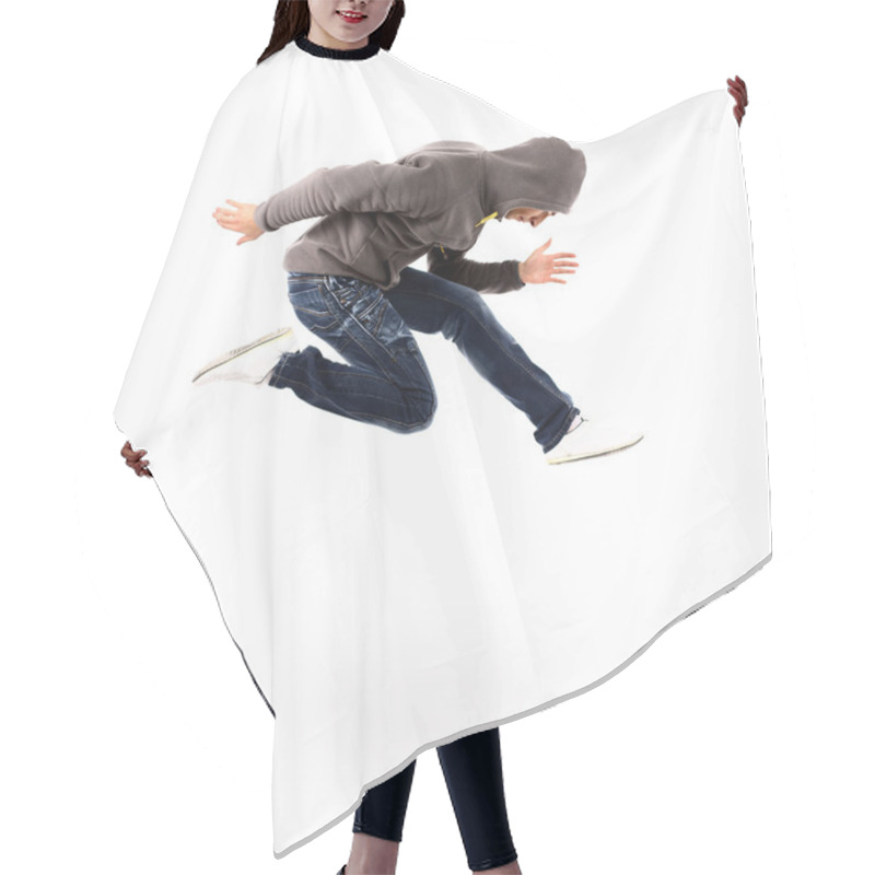 Personality  Awesome Dancer Is Jumping Very High On A White Background Hair Cutting Cape