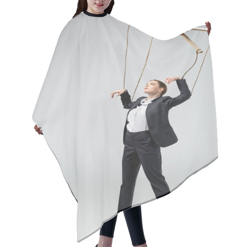 Personality  Cropped View Of Puppeteer Holding Businesswoman Marionette On Strings Isolated On Grey Hair Cutting Cape