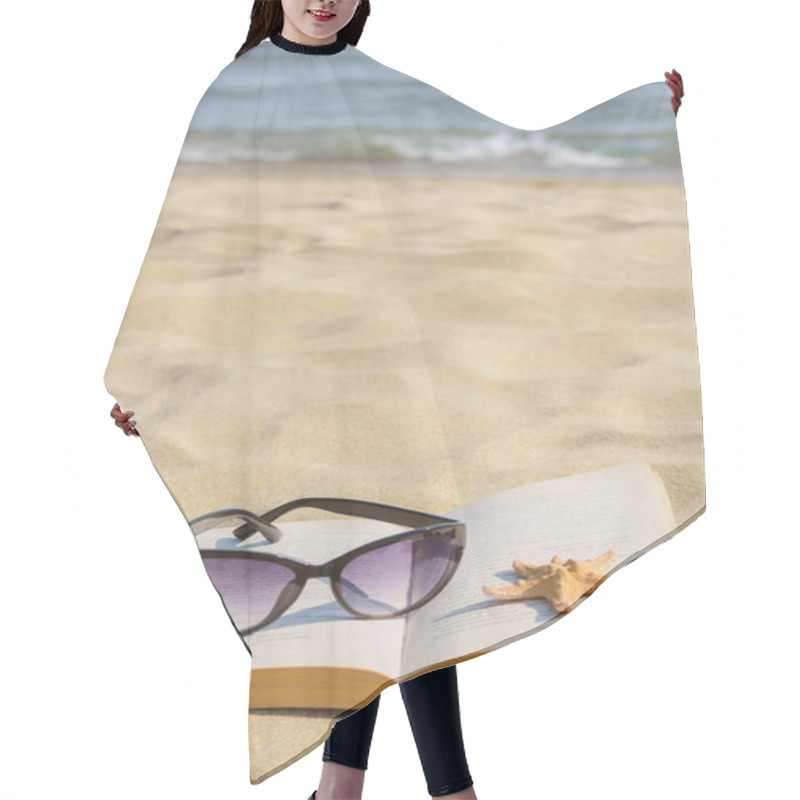 Personality  Beautiful Sunglasses, Book And Starfish On Sand Near Sea Hair Cutting Cape