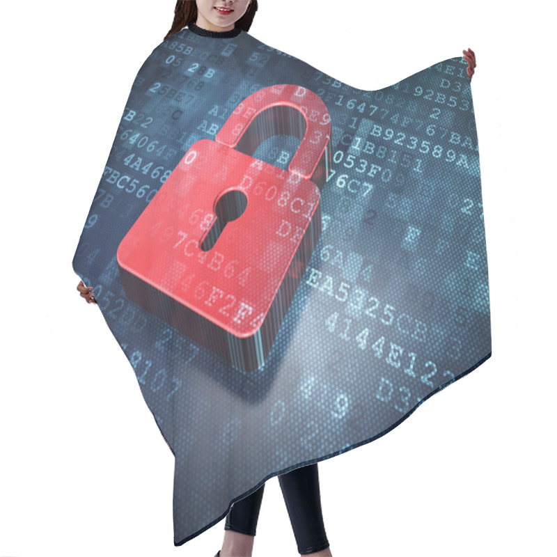 Personality  Privacy Concept: Red Closed Padlock On Digital Background Hair Cutting Cape