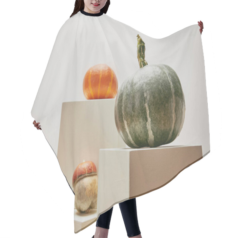 Personality  Autumnal Decoration With Pumpkins On Cubes Isolated On White Hair Cutting Cape