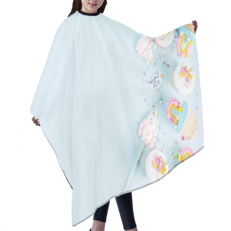 Personality  Cute Unicorn And Rainbow Cupcakes, Light Blue Background, Copy Space Hair Cutting Cape