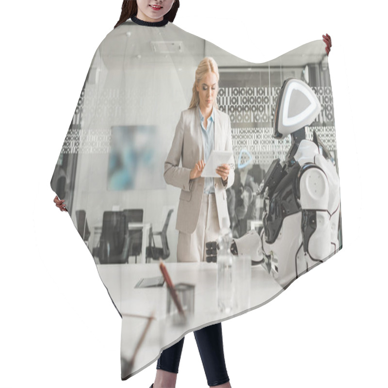 Personality  Attractive Businesswoman Using Digital Tablet While Standing Near Robot In Meeting Room Hair Cutting Cape