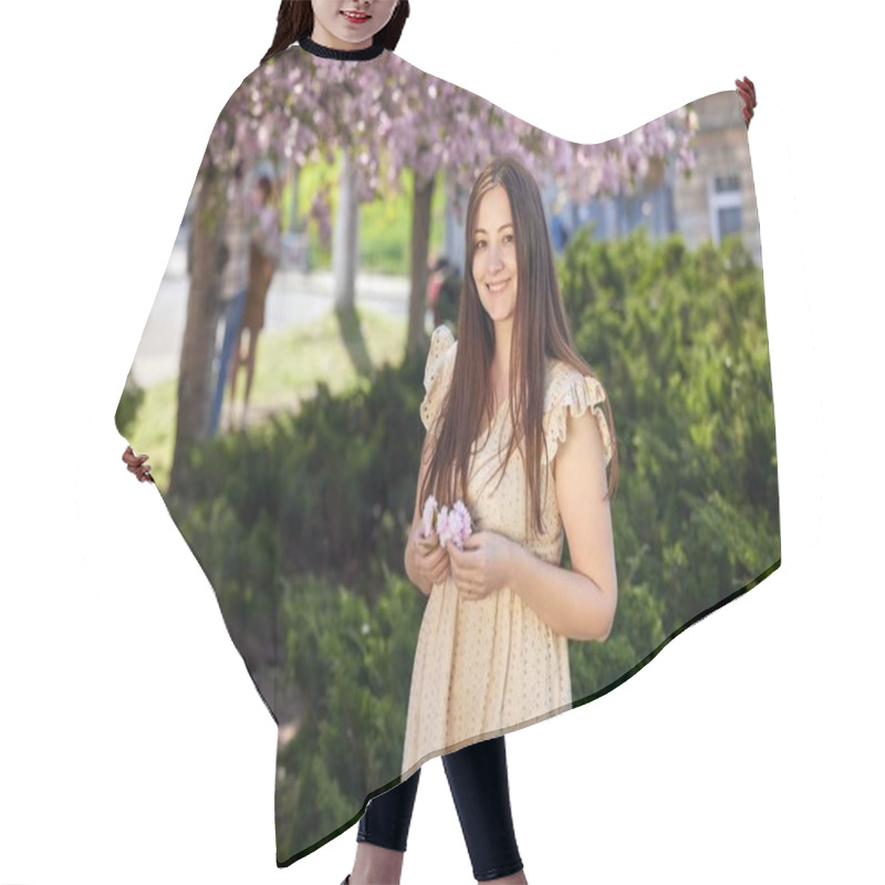 Personality  Smiling Woman, Woman Flowers, Light Sunlight. Smiling Young Woman In Light Dress Holds Cherry Blossoms In Park, Surrounded By Greenery And Blooming Trees On Sunny Day. Hair Cutting Cape