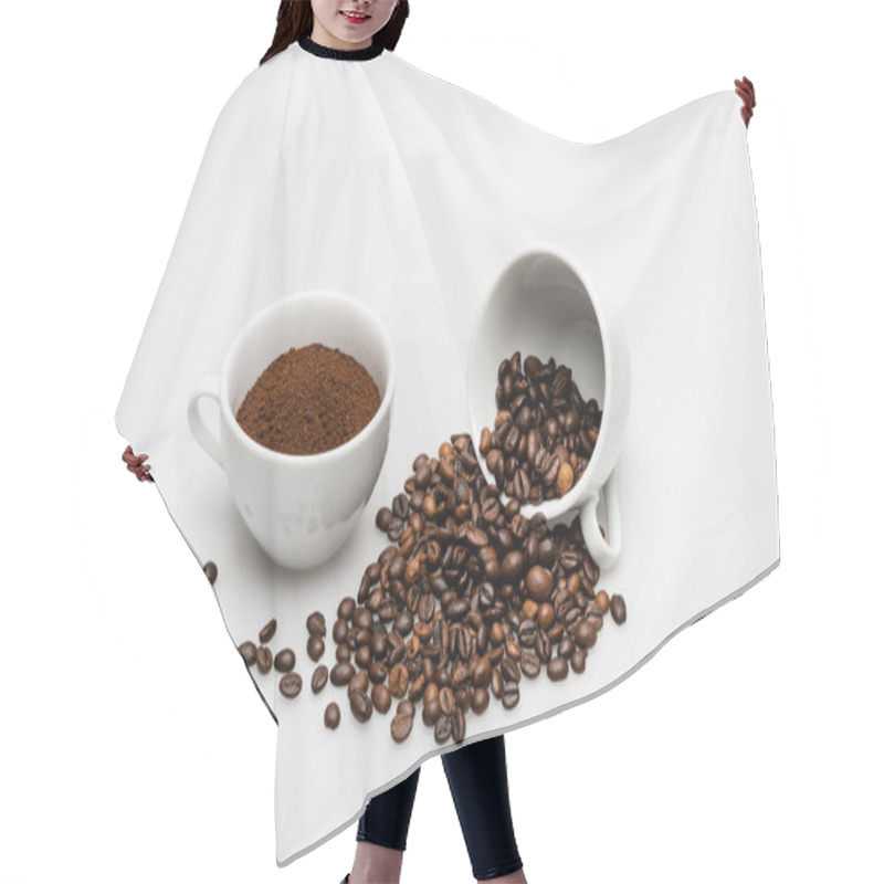 Personality  Ground Coffee And Beans Near Cups On White Hair Cutting Cape