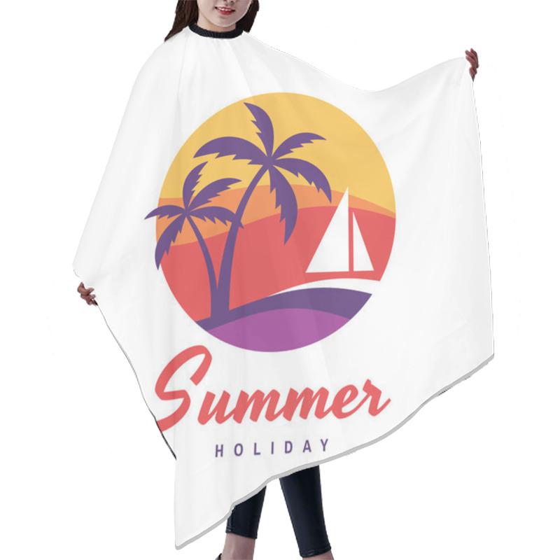 Personality  Summer Holiday - Concept Business Logo Vector Illustration In Flat Style. Tropical Paradise Creative Badge. Palms, Island, Beach, Sunrise, Sea Wave. Travel Webbanner Or Poster. Graphic Design Element. Hair Cutting Cape