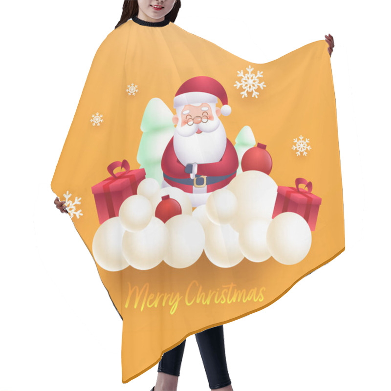 Personality  Cute Santa Claus Character With 3D Gift Boxes, Baubles Snowy Xmas Trees, Clouds And Snowflakes On Yellow Background For Merry Christmas. Hair Cutting Cape