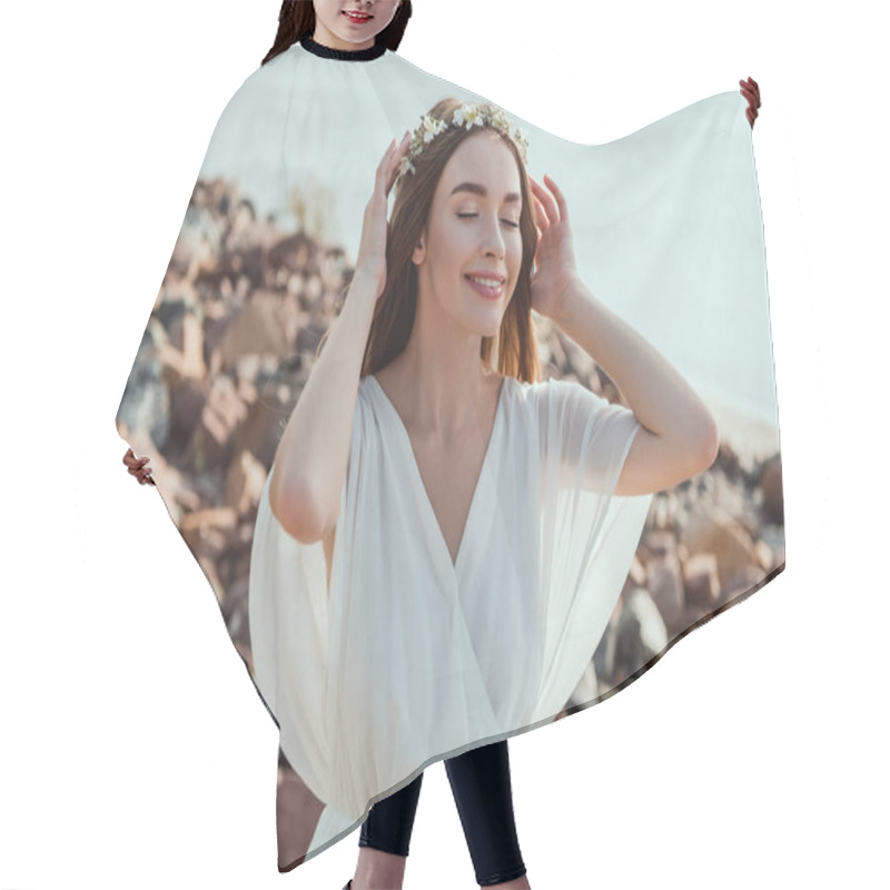 Personality  Beautiful Smiling Girl Posing In White Dress And Floral Wreath On Rocky Beach Hair Cutting Cape